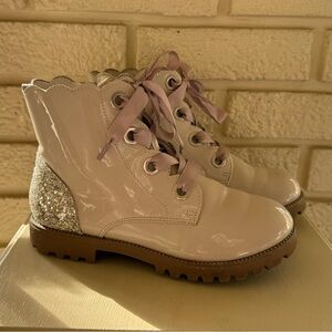 Glossy Cream Ankle Boots with Glitter Heel and ribbon laces. Side zip. Size 3